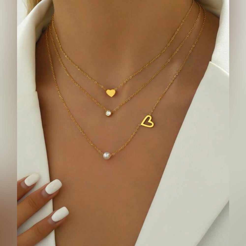 1pc Triple-lavered Stylish Peach Heart Shape & Pearl Pendant Stainless Steel